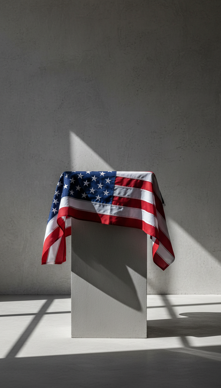 A crisp, high-resolution American flag gently unfurled and draped over a minimalist concrete podium, the deep blue field and bold red stripes rendered with sharp contrast against the smooth, light-gray background. Strong directional lighting from the left creates vivid highlights on the flag’s folds and deep, dramatic shadows on the podium, accentuating the textures of the fabric and the sleek surface below. The composition is centered, with a low-angle perspective emphasizing power and stability. The mood is bold and decisive, conveying steadfast values in a photographic, ultra-clean, and modern style. This image powerfully embodies a campaign’s mission and patriotism without distraction.